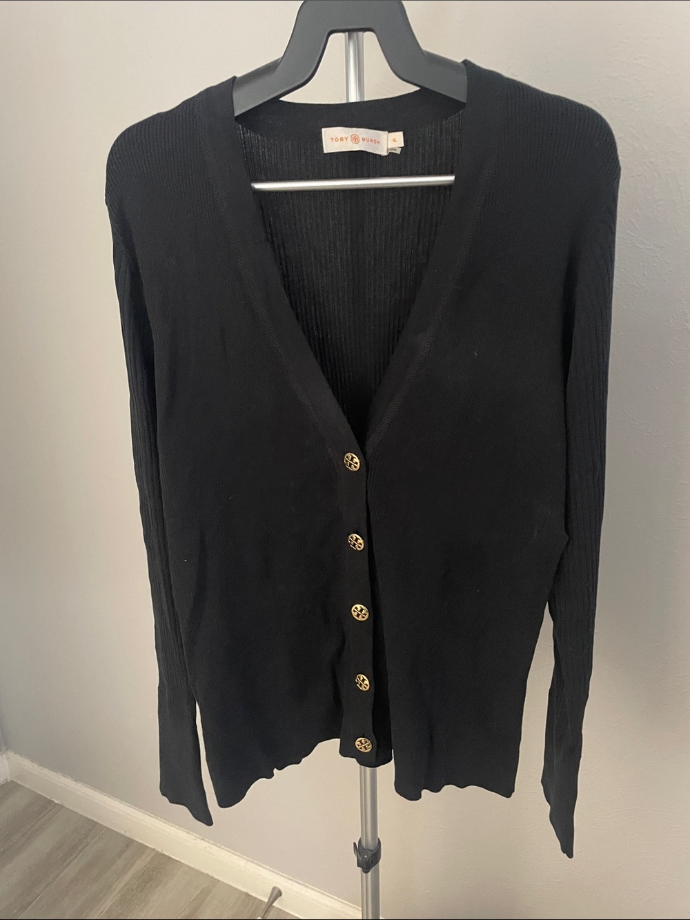 Tory Burch Black Knit Ribbed Button-Front Cardigan with Gold Buttons